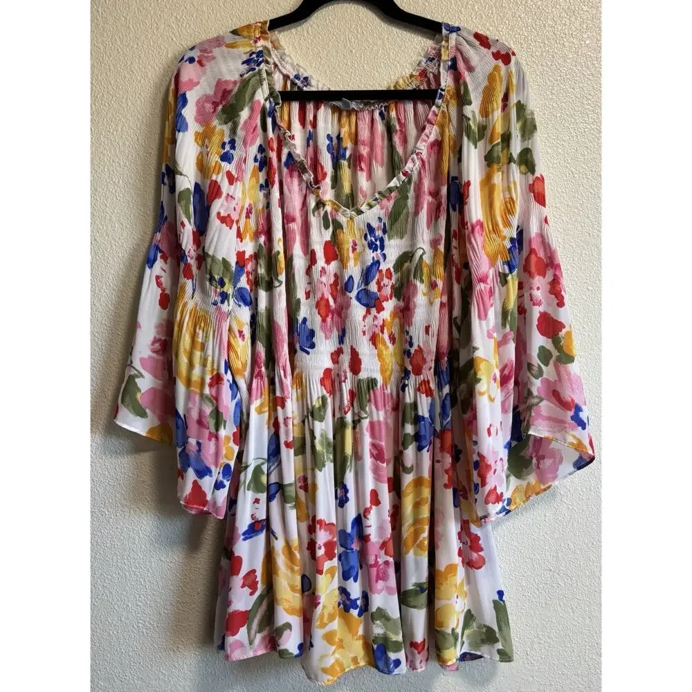 Floral And Ivy Floral Gathered V-neckline Colorful Flowy Babydoll Top Size 2X - Picture 2 of 10